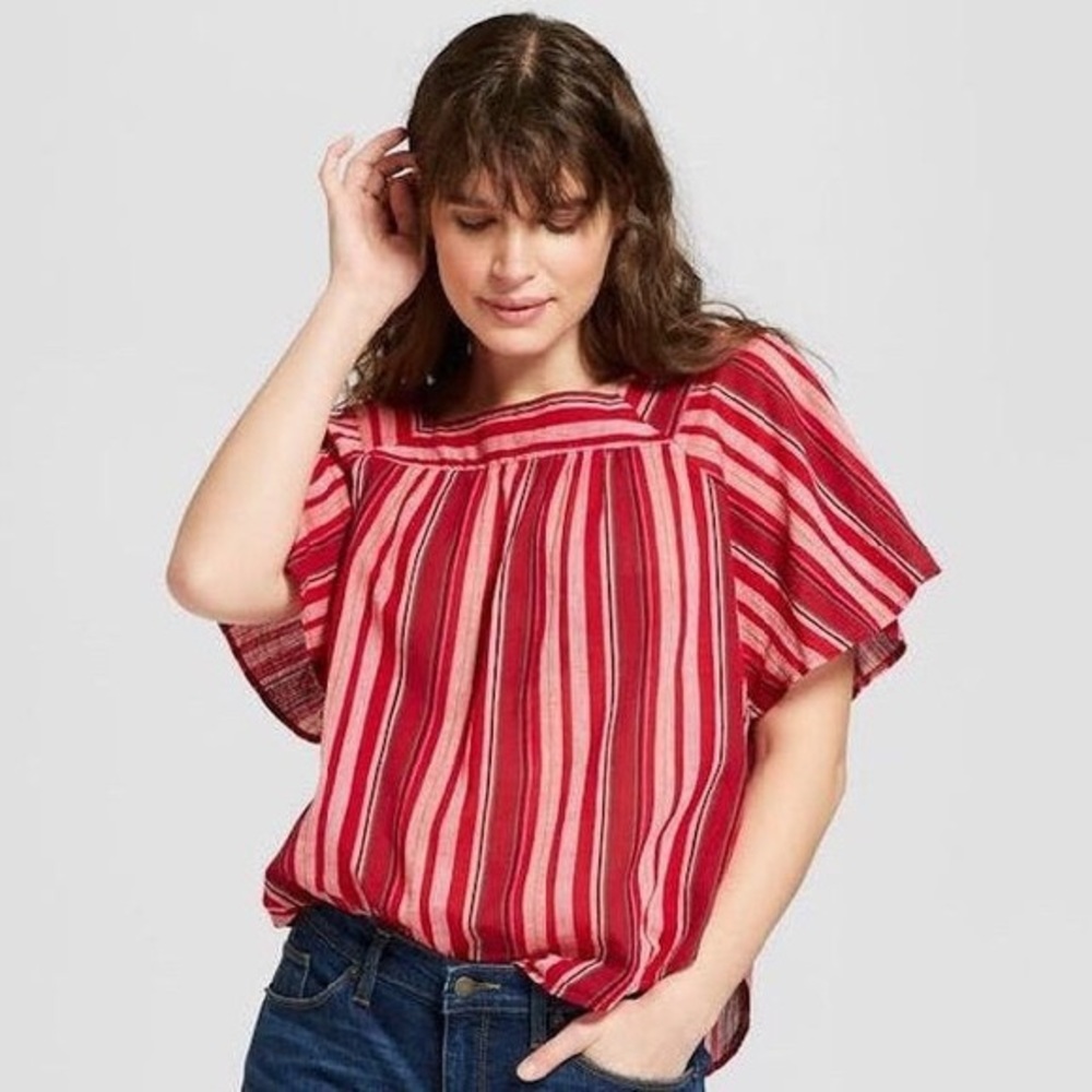 Universal Thread Red Striped Shirt Square Neck - Picture 1 of 4